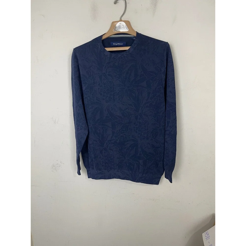 Tommy Bahama Mens Blue Tonal Tropical Floral Jacquard‎ Cotton Sweater Small